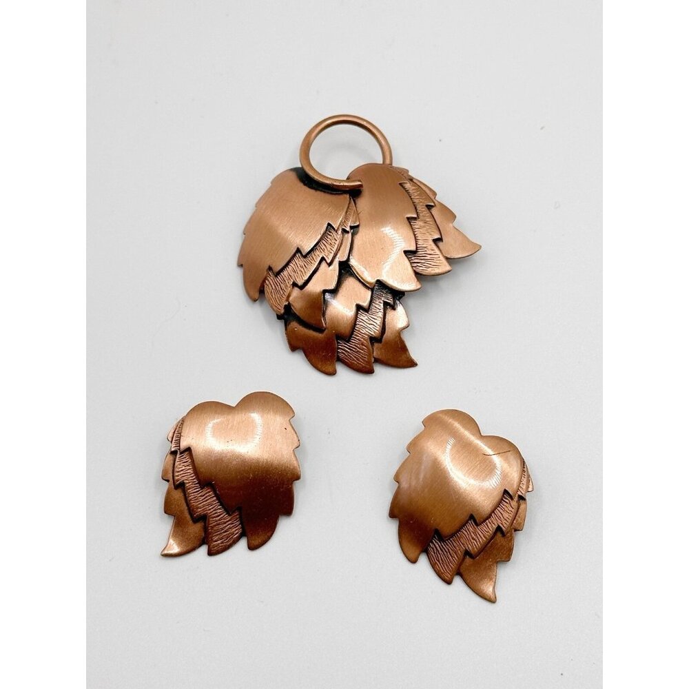 Copper Leaf Pin Brooch & Clip On Earrings Mid Century Design